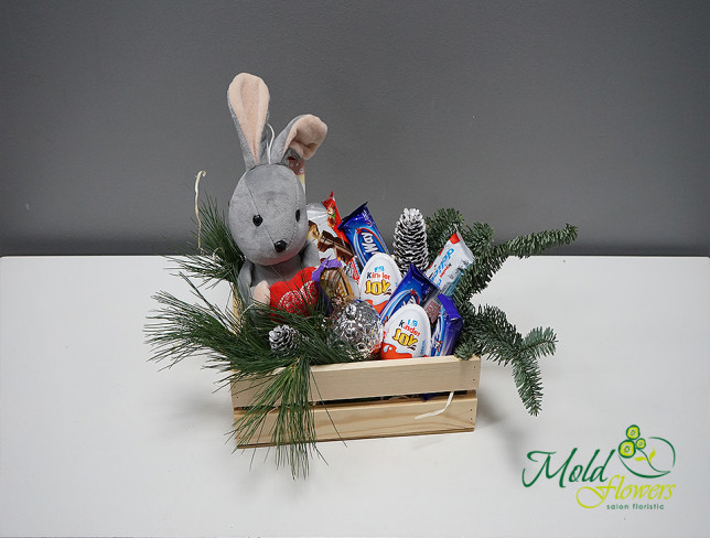 Новогодний ящик  с кроликом и конфетами Фото